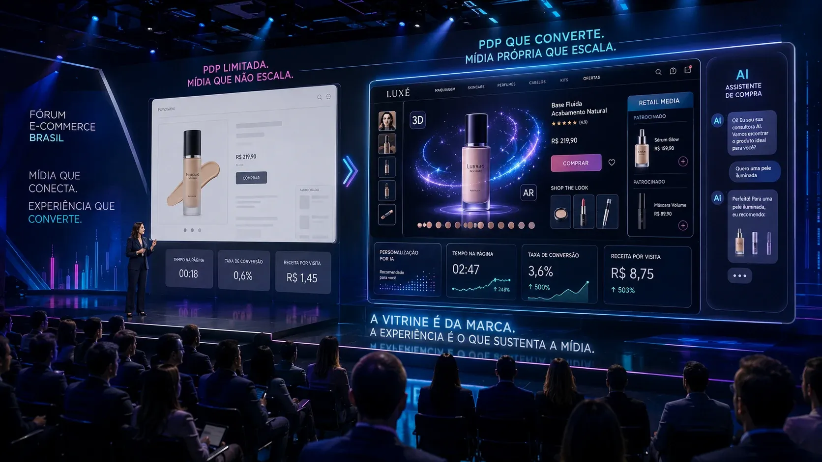 Palestra em palco do Fórum E-commerce Brasil com telão comparando PDP limitada e PDP que converte