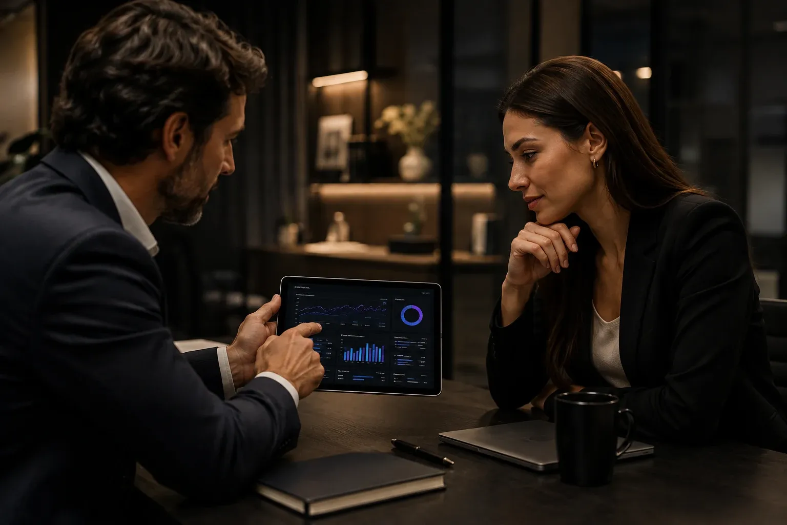 Reunião executiva com apresentação de dashboard de resultados em tablet