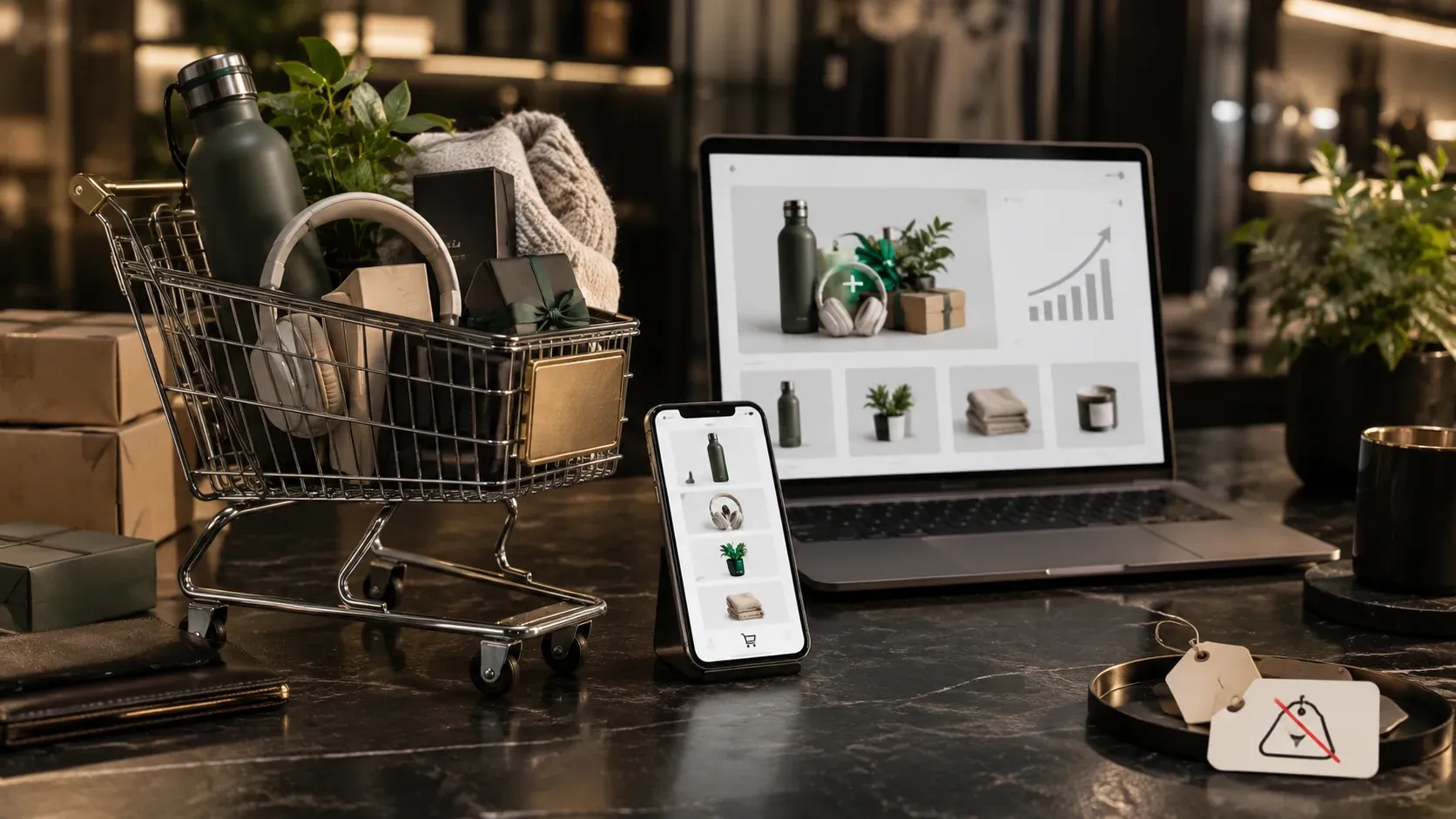 Carrinho de compras com produtos ao lado de laptop com catálogo e gráfico de crescimento do ticket médio