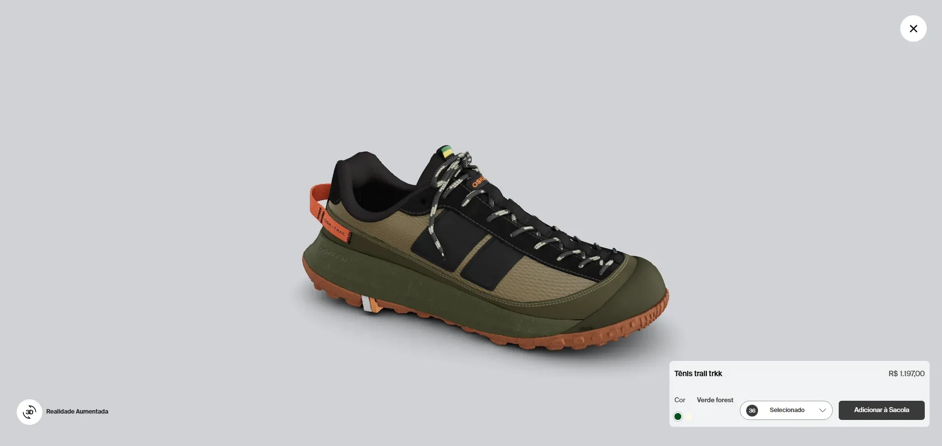 mK 3D Shop (visualizador 3D): tênis Trail Trkk da Osklen com selo de Realidade Aumentada