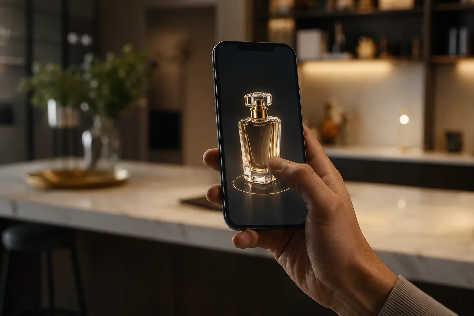 mK 3D Shop (visualizador 3D): frasco de perfume dourado exibido via realidade aumentada na tela do celular, em cozinha
