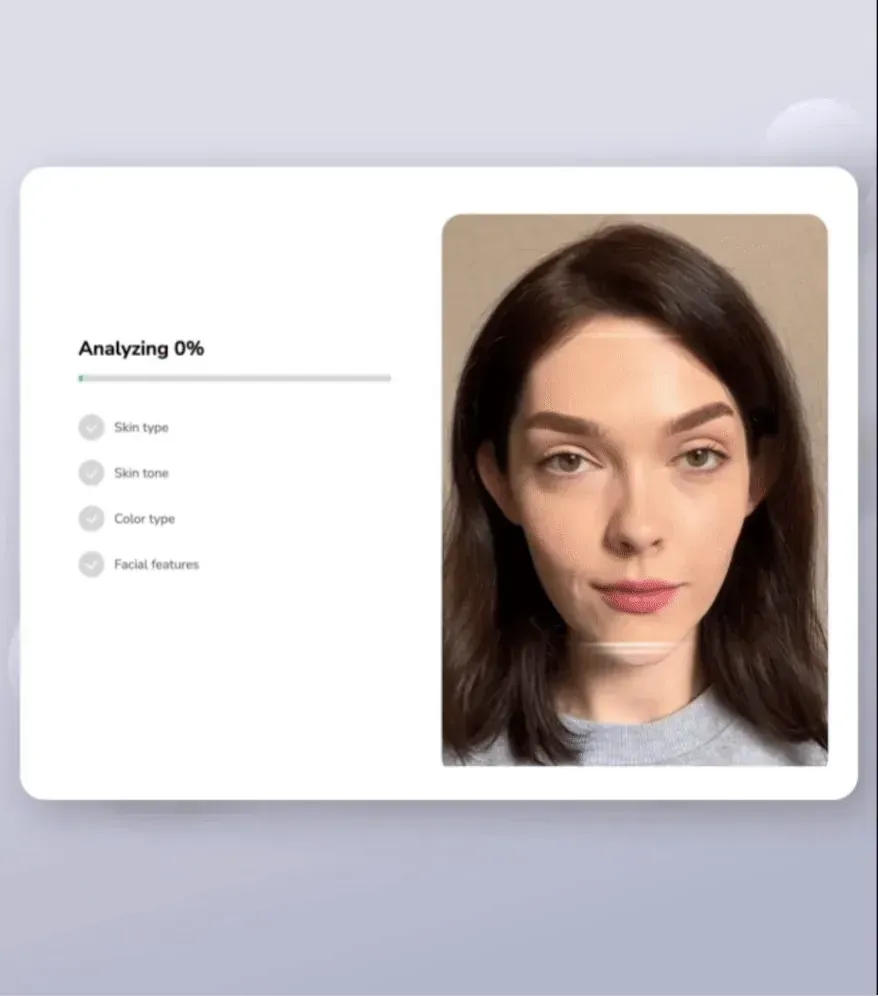 mK Beauty (provador virtual de beleza): interface analisando o rosto da usuária com inteligência artificial, identificando tipo de pele, tom, cor e características faciais
