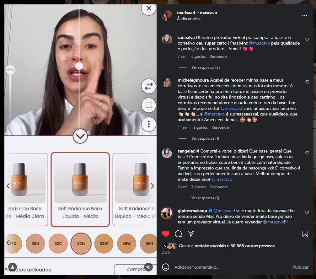 mK Beauty (provador virtual de beleza): post do Instagram da Mascavo mostrando provador virtual de base e comentários de clientes satisfeitas