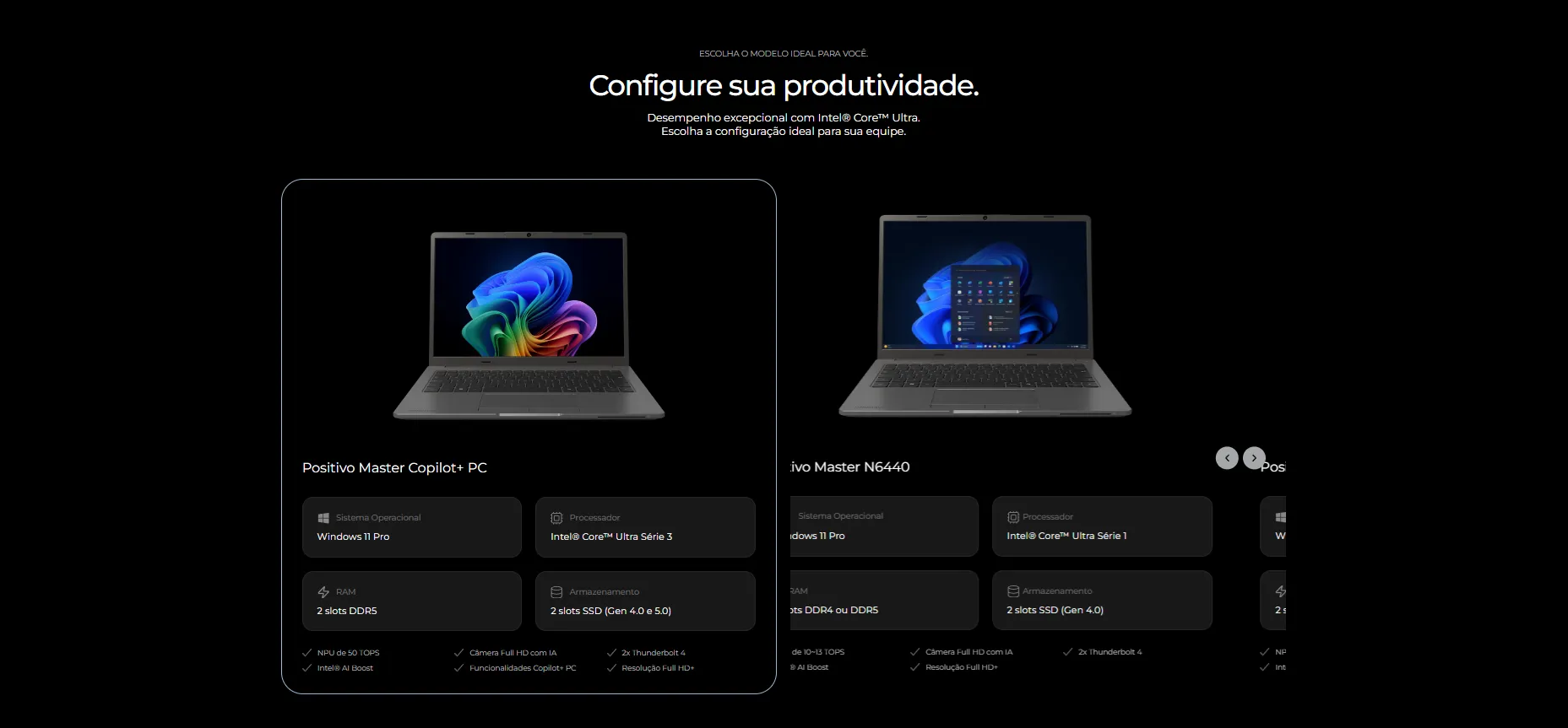 Configurador de notebooks Positivo Empresas comparando modelos Copilot+ PC e N6440 lado a lado