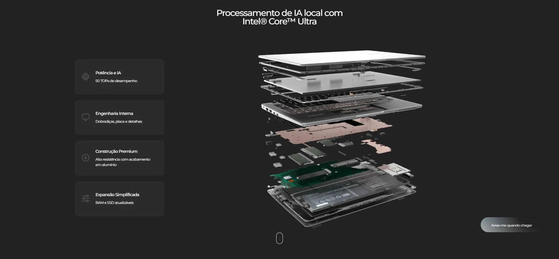 Ilustração 3D explodida de notebook Positivo mostrando componentes internos, com destaque para processamento de IA Intel Core Ultra