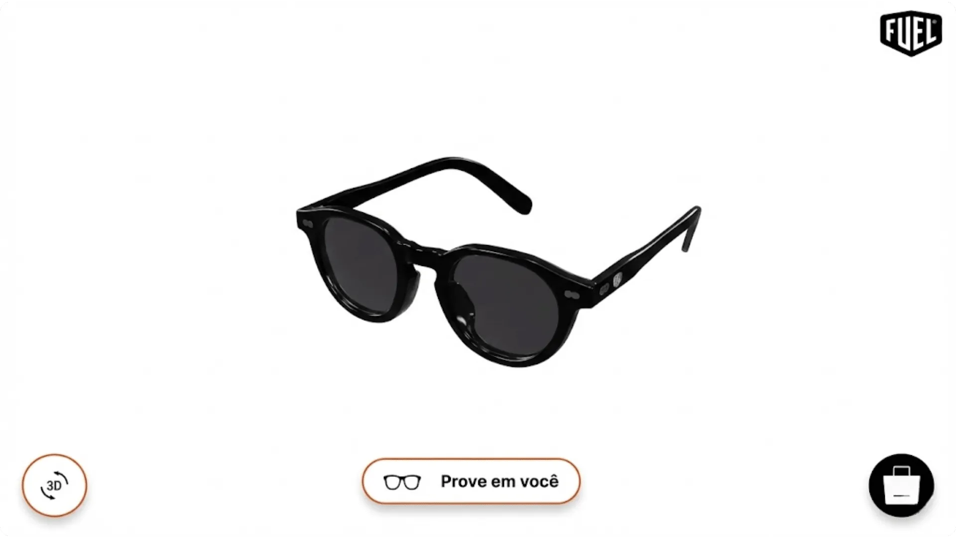 Provador virtual (mK Fashion/AI Shooting): óculos de sol Fuel Eyewear com botão 'Prove em você' e visualização 3D