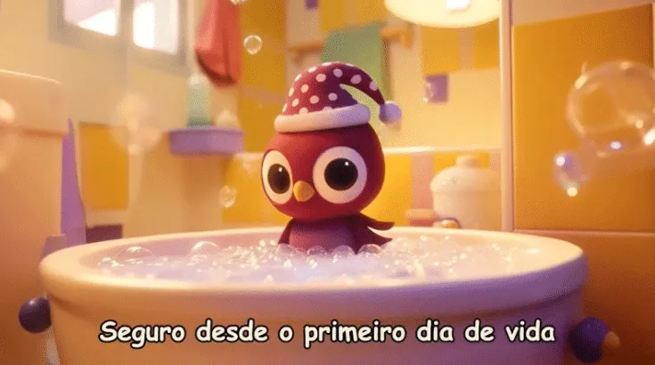 Vídeo viral/IA: mascote coruja fofa da Mili tomando banho de espuma numa banheira, com a frase 'Seguro desde o primeiro dia de vida'